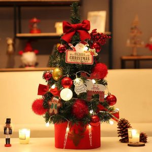 30/45/60cm Mini Christmas Tree Desktop With Lights Golden Red Christmas Tree Ornament 2022 New Year Home Party Windows Decorativ